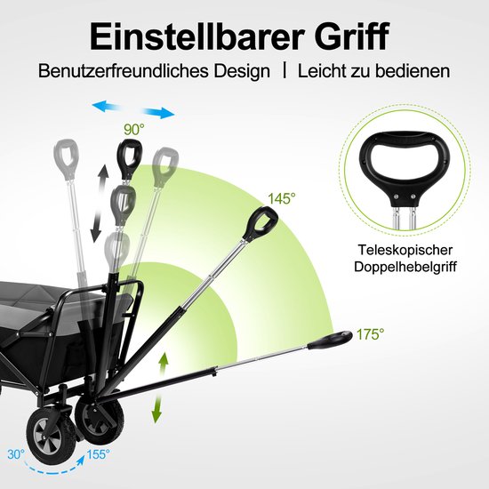 Opvouwbare Bolderkar Zwart Grijs - 100 Liter - 80 kg Draagvermogen - 600D Polyester - Verstelbare Handgreep - 4 Wielen met Rem - Strandwagen Campingwagen Tuinwagen van Merkloos — afbeelding 5