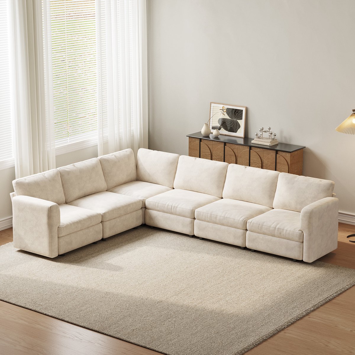 Guyii Nordic Comfort Hoekbank L-Vorm 6-Zits – Beige Stoffen Bank met Versterkt Frame, Serpentine Veren & Antislip Poten – 248 x 321 cm