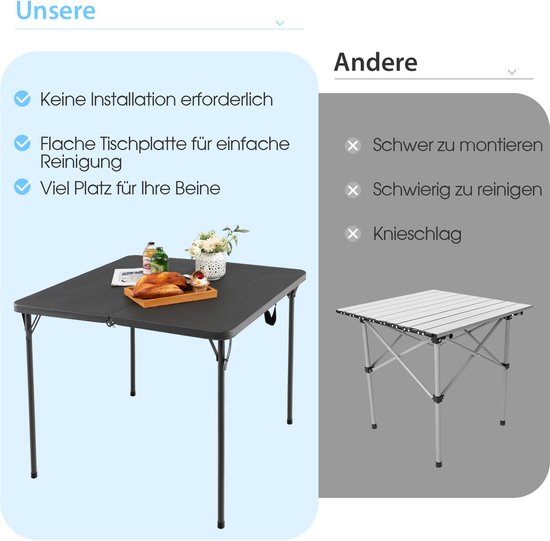 COSTWAY Klaptafel, vierkant, 86 x 86 cm, campingtafel, inklapbaar, tuintafel met HDPE-tafelblad en draaggreep, balkontafel voor 4 personen, draagbare eettafel voor keuken, tuin, camping, grijs van Costway — afbeelding 4