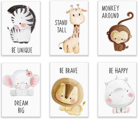 Set van 6 posters: zebra 'Wees Uniek', giraffe 'Sta Rechtop', aap 'Speel Rond', olifant 'Droom Groot', leeuw 'Wees Dapper', nijlpaard 'Wees Gelukkig'.