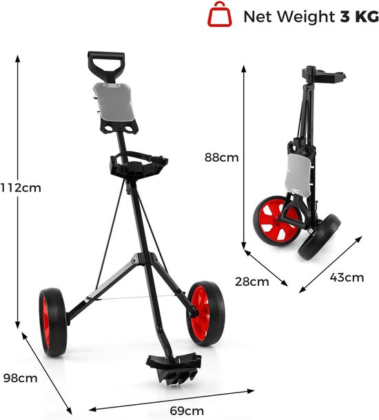 Inklapbare Golftrolley met 2 Wielen en Scorebord - Ideale Golfkar van Merkloos — afbeelding 3