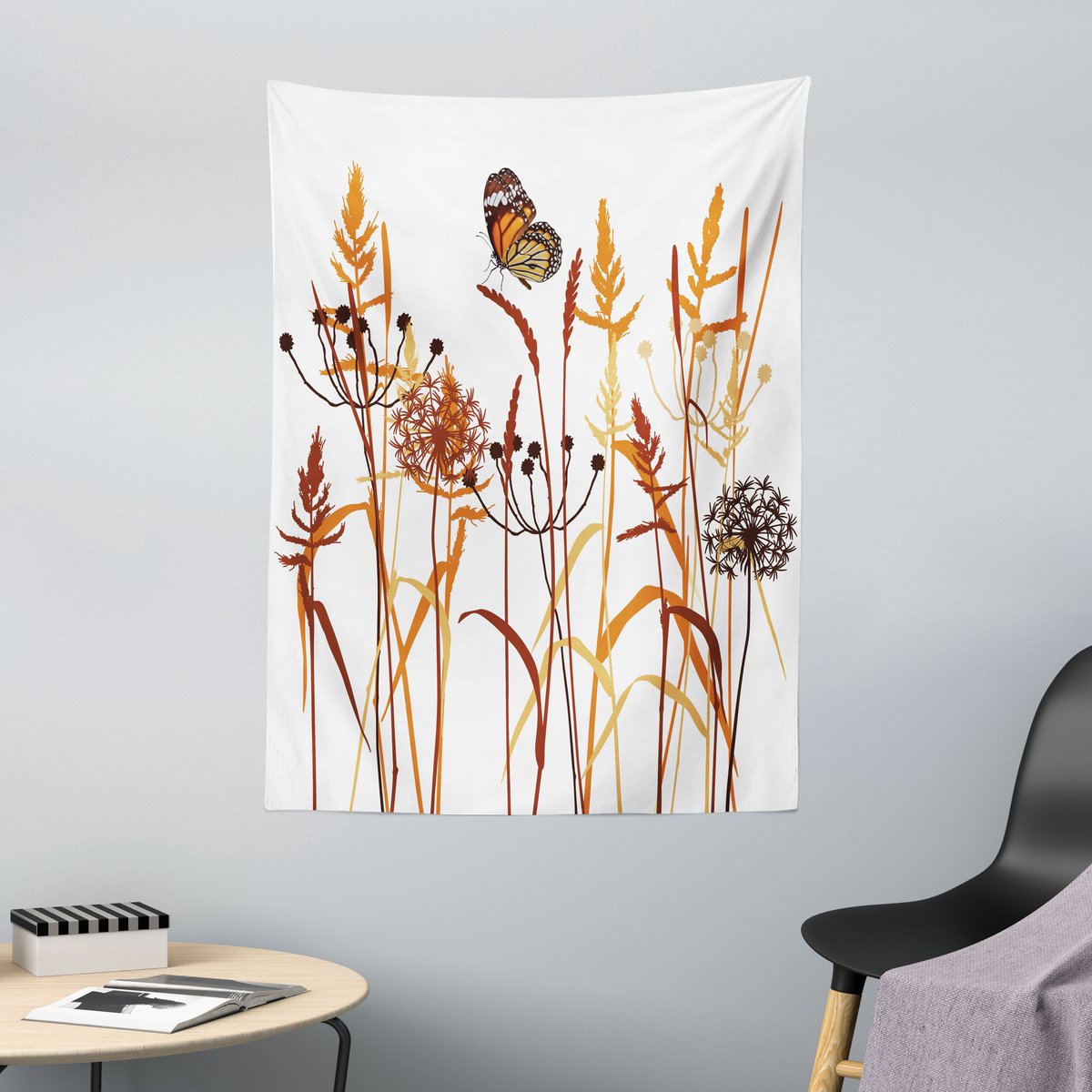ABAKUHAUS Vlinderwandtapijt en sprei, compositie met bladeren, 110 x 150 cm, oranje bordeauxrood wit Oranje Bordeaux Wit