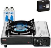 Maxsun Premium Camping Gasstel 2.2 kW – Butaan Kooktoestel – RVS – Veiligheidsslot – Inclusief 2 Gasbussen & Draagkoffer – Voor Camping & Noodpakket