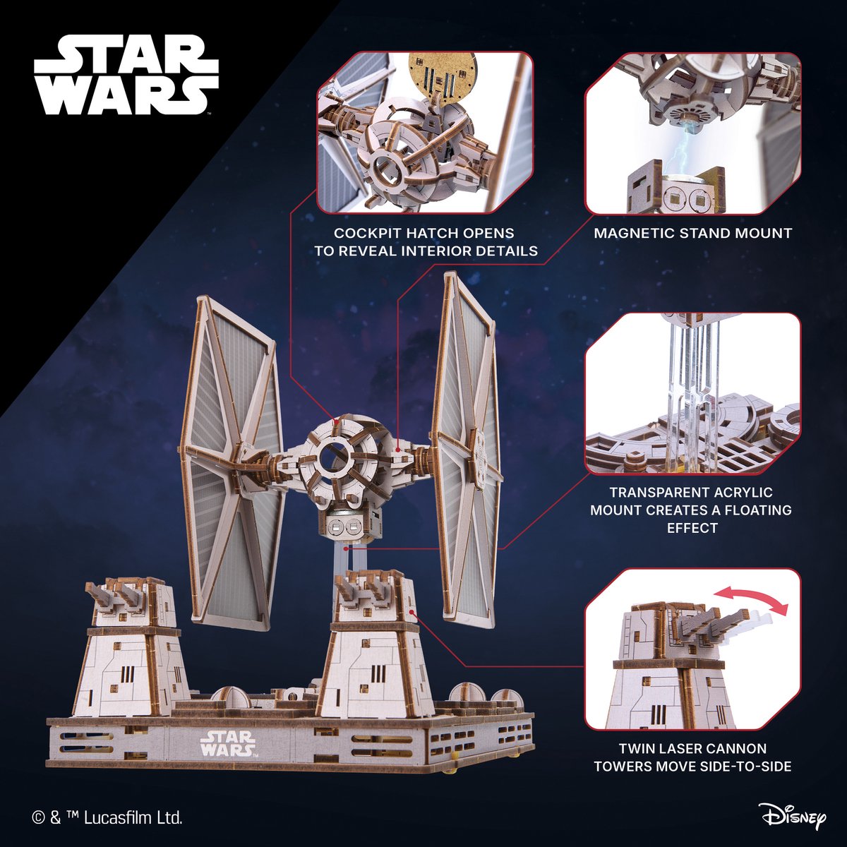 UGEARS 3D Modelbouw - Tie Fighter - Star Wars - Mechanisch Bouwpakket Hout - Educatief Speelgoed — afbeelding 17