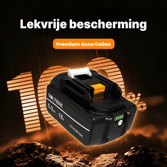 Zwarte 18V 5.0AH Lithium Ion accu van VOLTIÈRE, met 100% indicator.