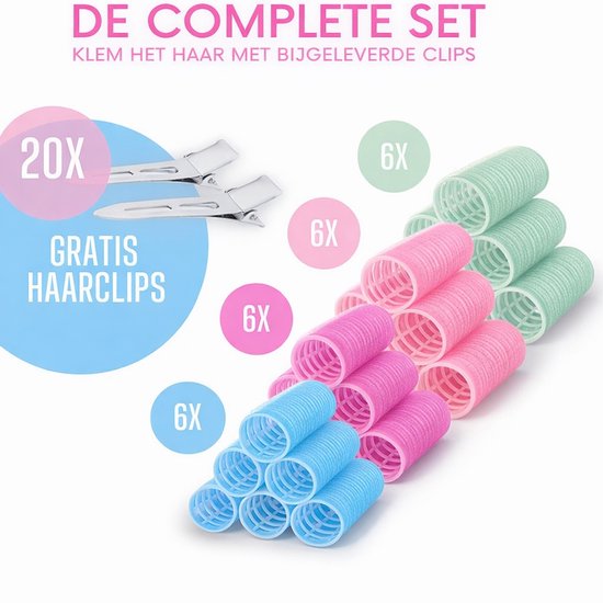 Complete set van 24 roze, blauwe en groene krulspelden en 20 gratis haarklemmen.