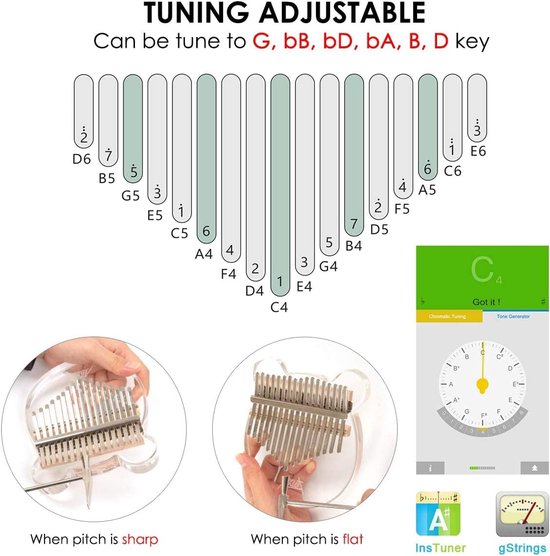 Kalimba 17 Sleutels van Hout met Transparant Acryl Lichaam en Volledige Accessoires van Merkloos — afbeelding 4