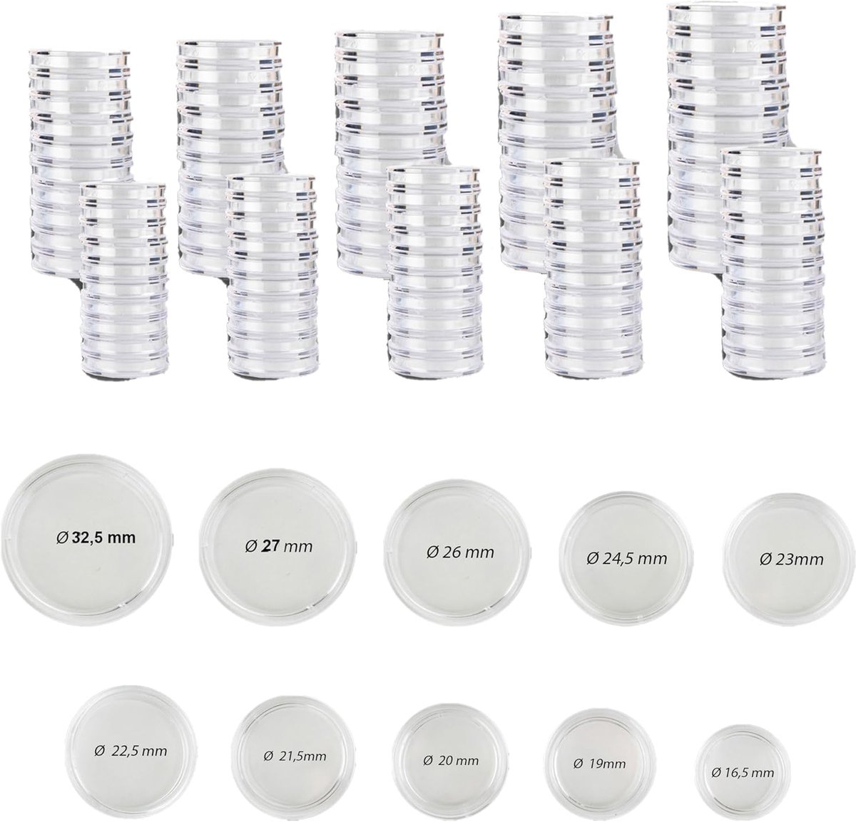 Muntenbox set met 100 capsules voor munten van 16,5 tot 33 mm