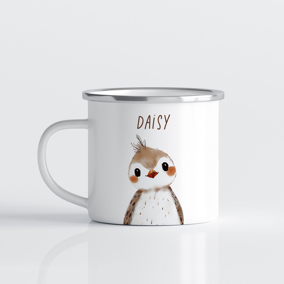 Creasowl® Vogel Gepersonaliseerde Emaille Kinder Mok met Naam Kind – Bosdieren Mok 300ml – Kinder Campingmok