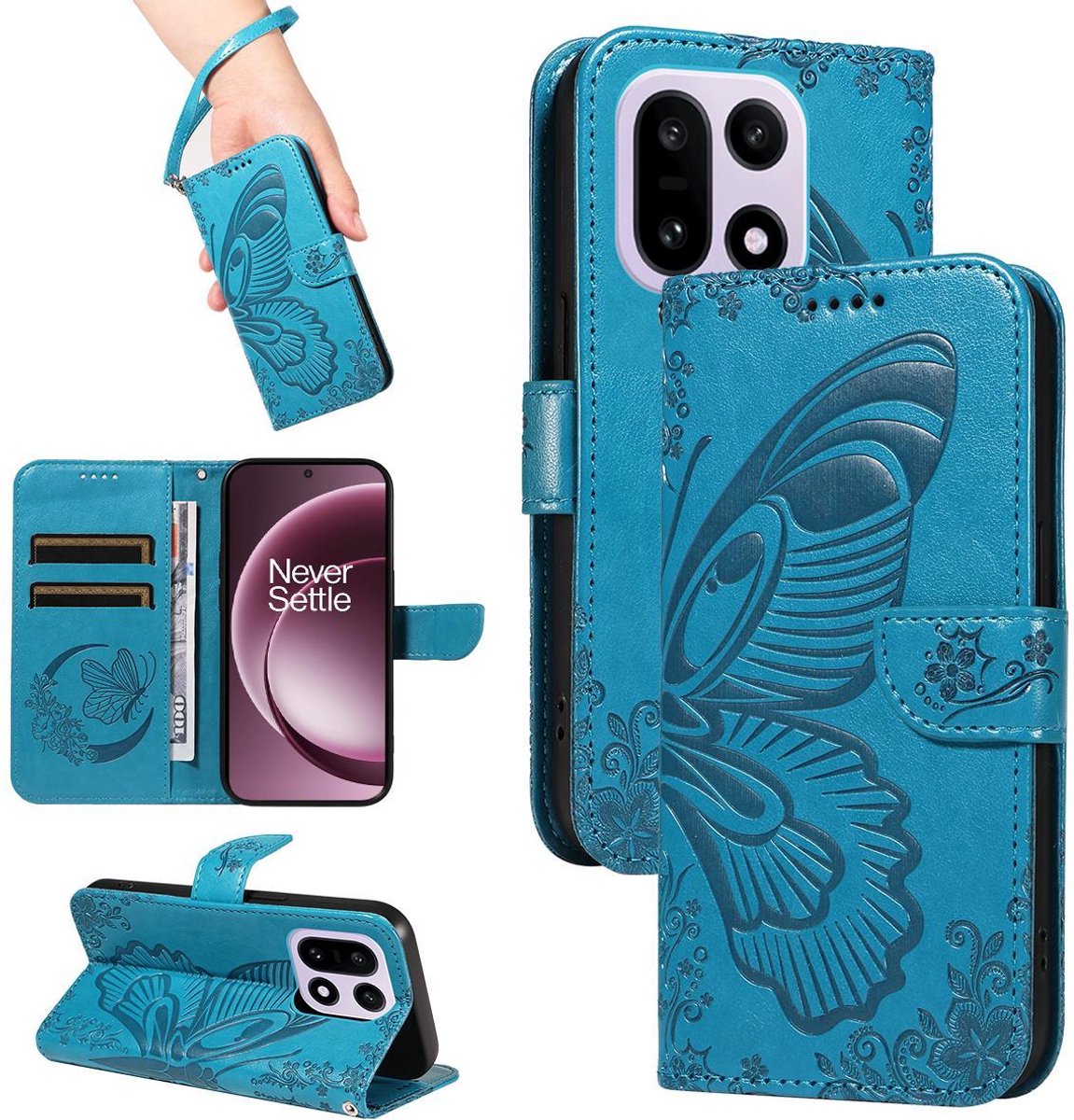 Mobigear Telefoonhoesje geschikt voor OnePlus 15 Hoesje | Mobigear Butterfly Bookcase Portemonnee | Pasjeshouder voor 2 Pasjes | Telefoonhoesje voor Pinpas / OV Kaart / Rijbewijs - Blauw