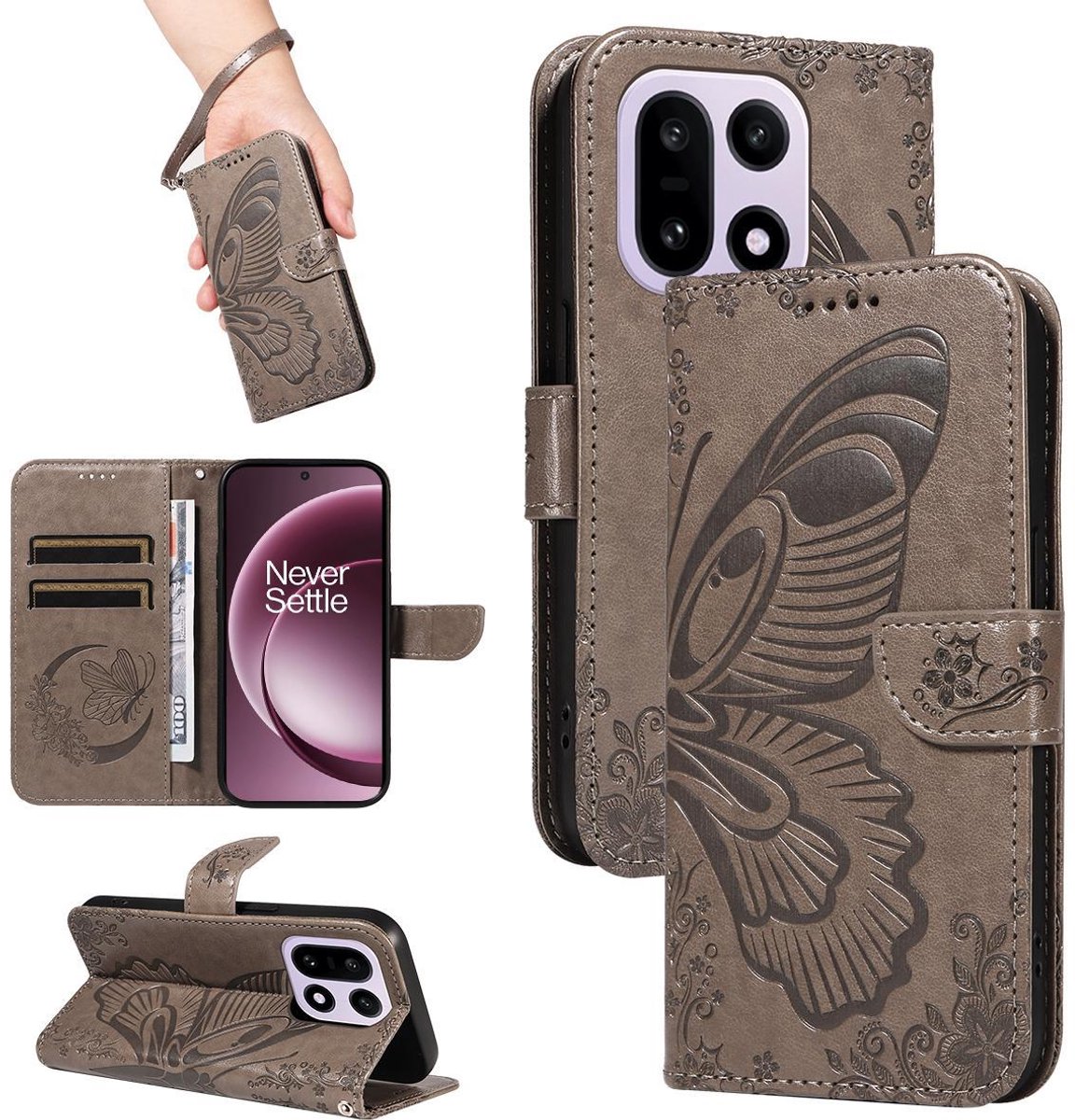 Mobigear Telefoonhoesje geschikt voor OnePlus 15 Hoesje | Mobigear Butterfly Bookcase Portemonnee | Pasjeshouder voor 2 Pasjes | Telefoonhoesje voor Pinpas / OV Kaart / Rijbewijs - Grijs
