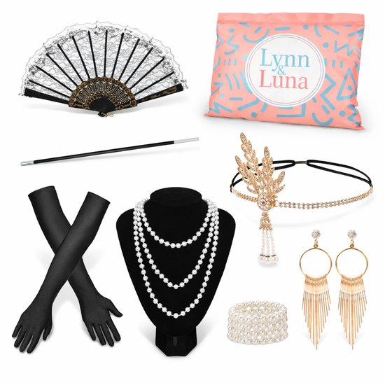 Lynn Luna Jaren 20 Accessoires Dames – 7-delige Gatsby Set – Charleston Roaring 20s Verkleedkleren Dames – Maffia Twenties Feest Verkleedkleding Set- Gangster Gala