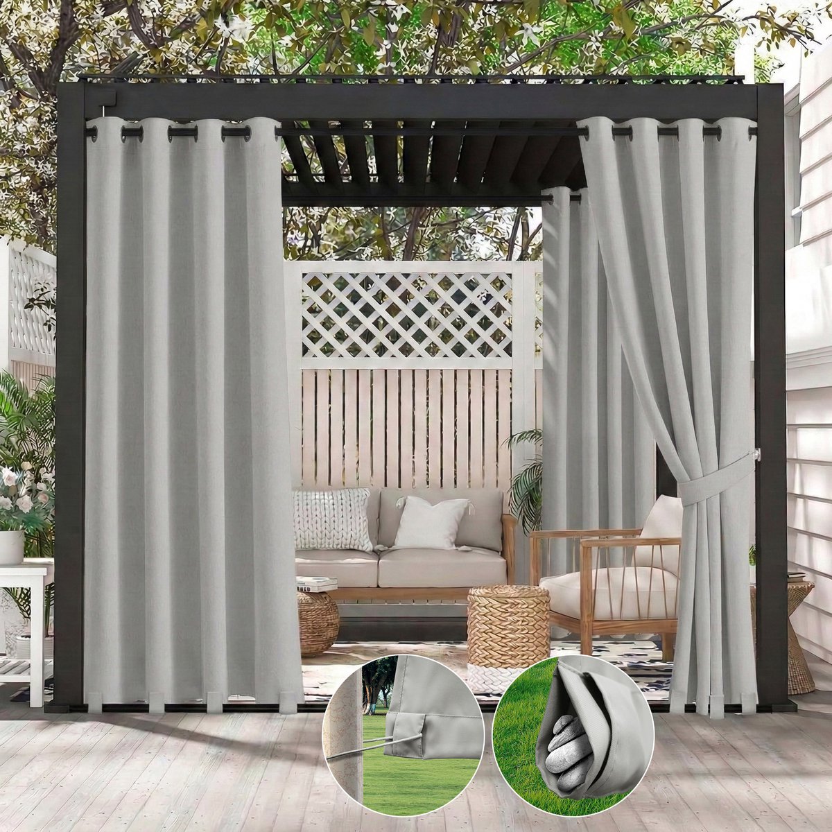 Qelus 2 Stuks Buitengordijnen Winddicht & Waterdicht - Outdoor Gordijn met Oogjes (Boven) en Anti-wind Lussen (Onder) - Weerbestendig voor Pergola - 132x213cm - Lichtgrijs