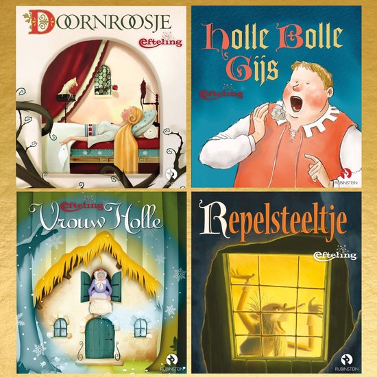 Een collage van vier Efteling-sprookjesboekomslagen: Doornroosje, Holle Bolle Gijs, Vrouw Holle en Repelsteeltje.