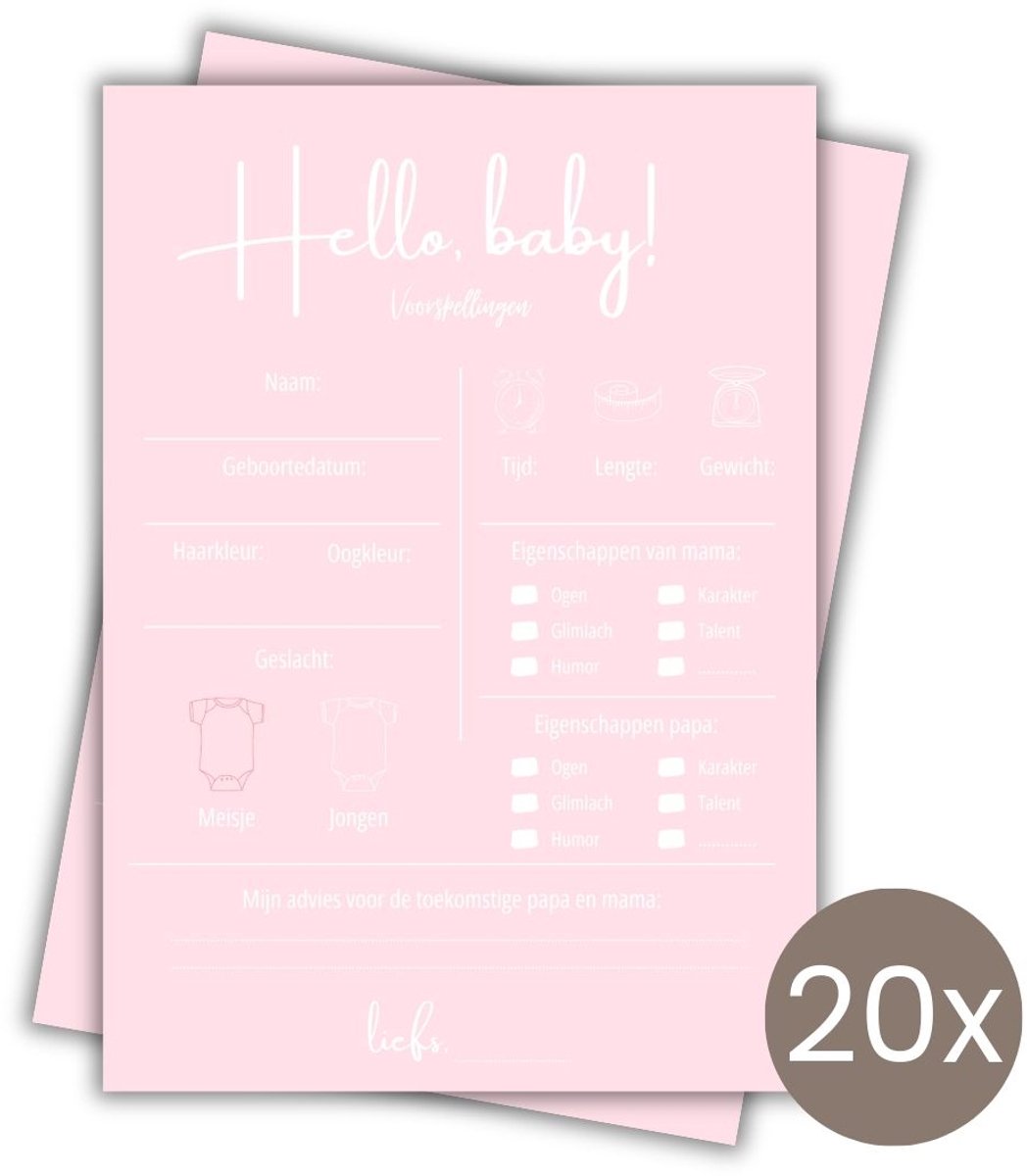 Babyshower Invulkaarten 20 stuks - Voorspellingskaarten - Babyshower Spelletjes - Meisje - A6 - Roze