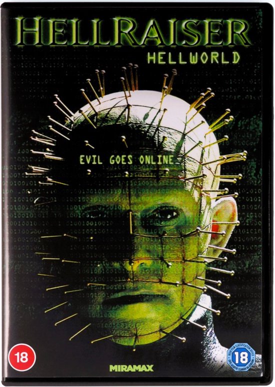 Voorzijde van de Hellraiser: Hellworld DVD met een close-up van Pinhead, die eruitziet alsof hij met spelden aan zijn hoofd vastzit.