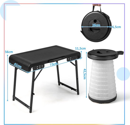 KOMFOTTEU 3-delige opvouwbare campingtafelset, draagbare picknicktafel met 2 uittrekbare led-krukken, stabiele zitgroep voor picknick, kamperen, barbecue en vissen, voor strand, tuin, achtertuin, zwart van komfotteu — afbeelding 2