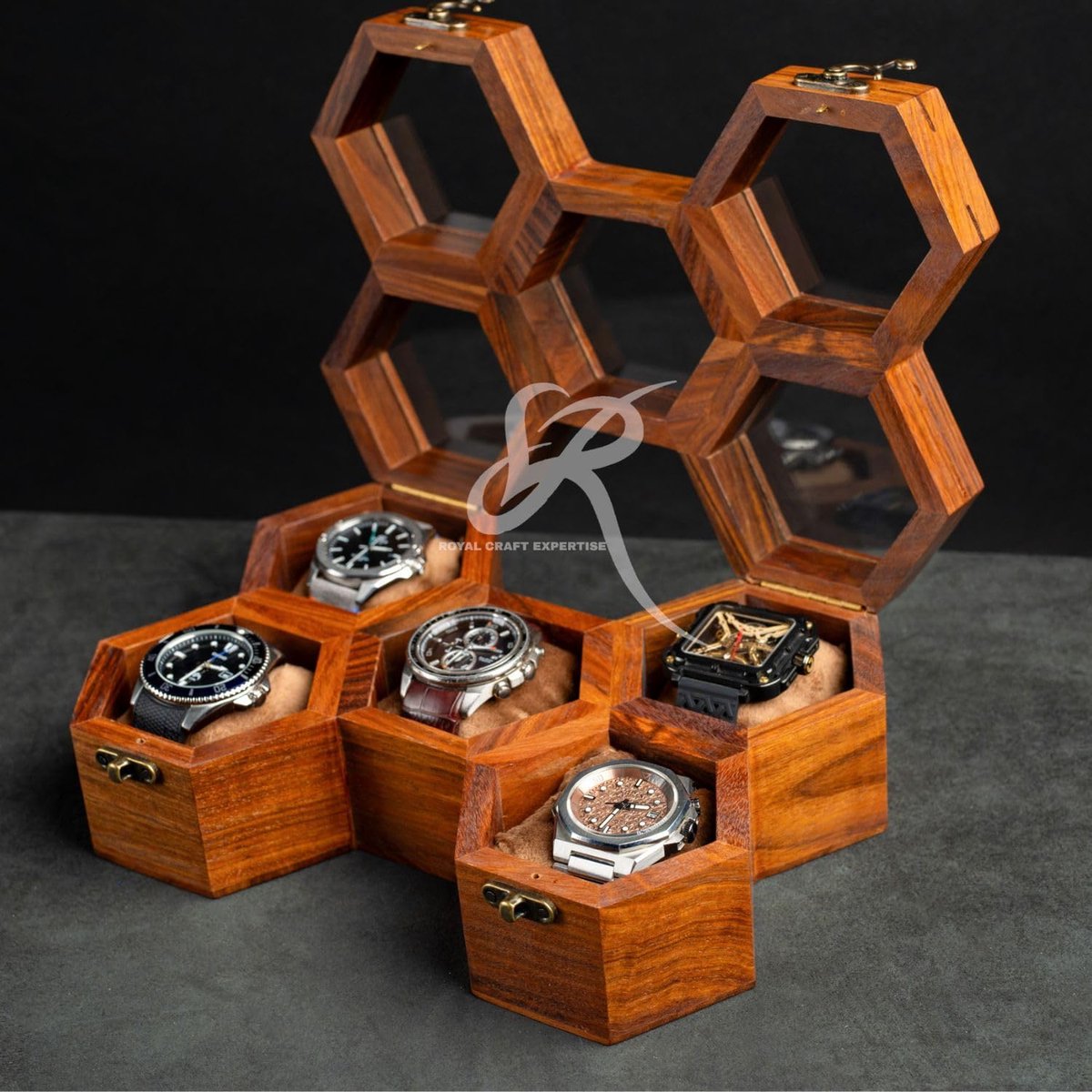 Handgemaakt Houten Horloge Displaydoos voor Mannen met 5 Slots van Indisch Rozenhout