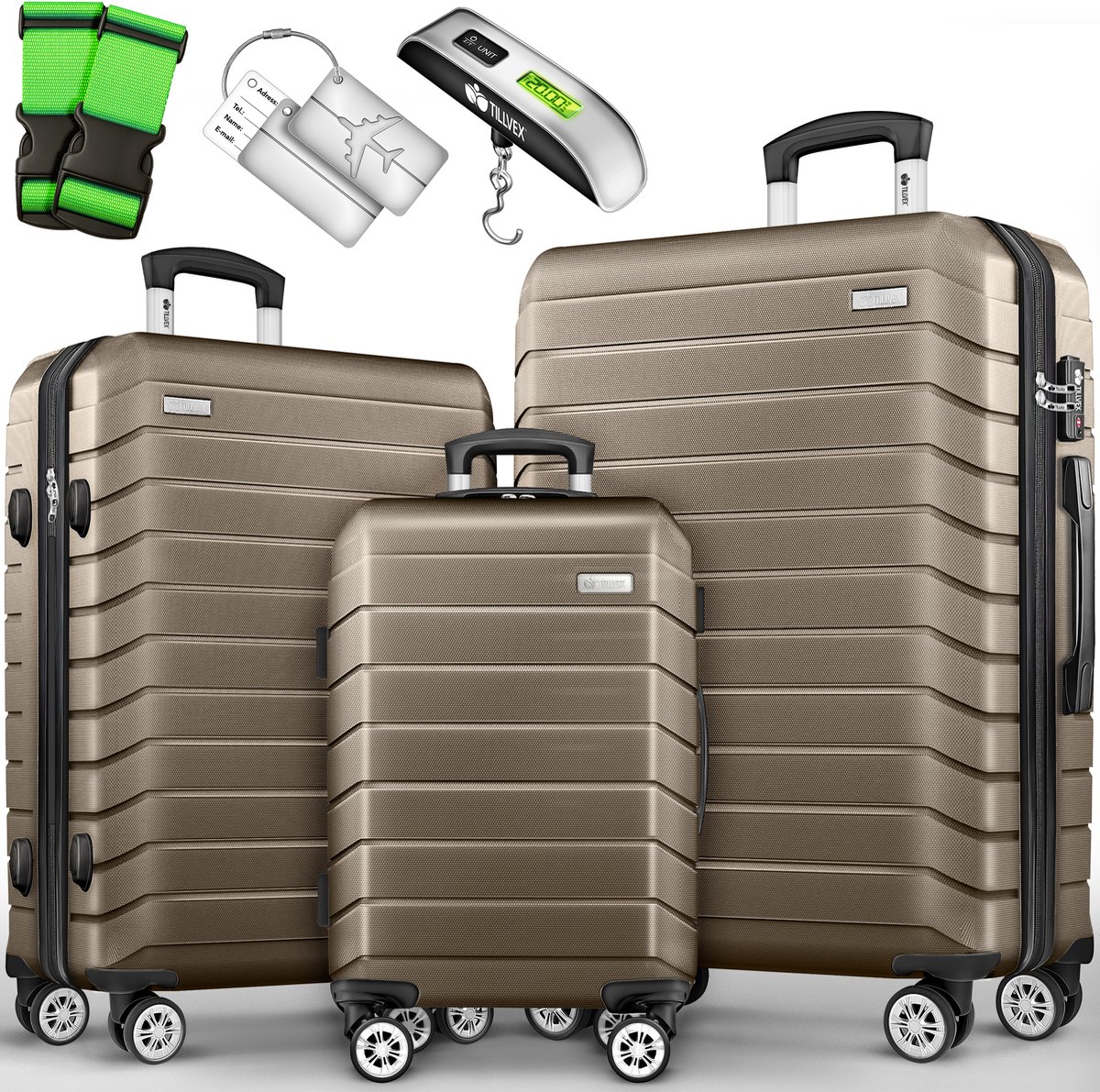 tillvex® reiskofferset 3-delig + bagageweegschaal, 6X kofferriemen & 3X kofferhangers | kofferset 4 wielen | trolley bagage koffer TSA slot | set koffer met harde schaal M-L-XL, lila, Kofferset 3tlg