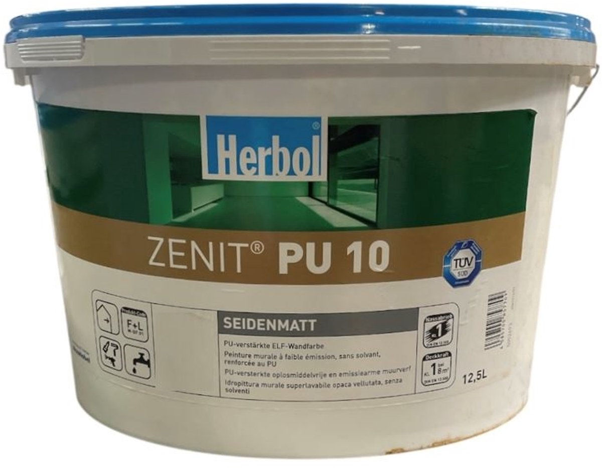 Herbol Zenit PU 10 - Goed dekkende zijdematte muurverf op waterbasis - 12.50 L - RAL 9010 Pure White ( gebrokenwit)