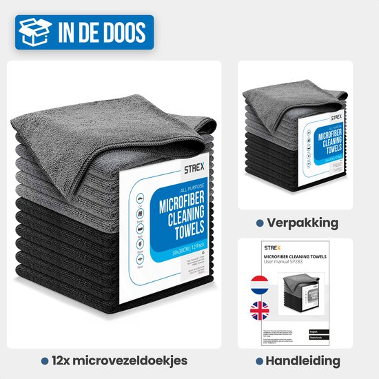 Stapel van 12 grijze en zwarte microvezeldoekjes met verpakkingsinformatie.
