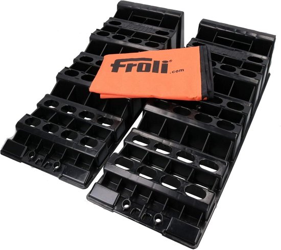 Twee zwarte, stapelbare wielblokken met een oranje Froli.com opbergzak.
