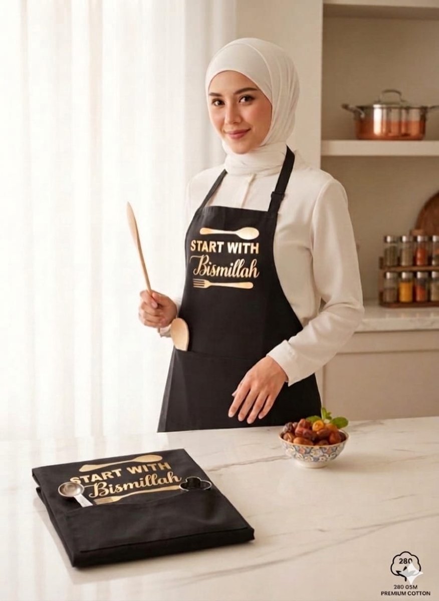 Wasza Textiles - Keukenschort - "Bismillah" - Geschenk - 100% katoen - Luxe zware katoen - Zwart