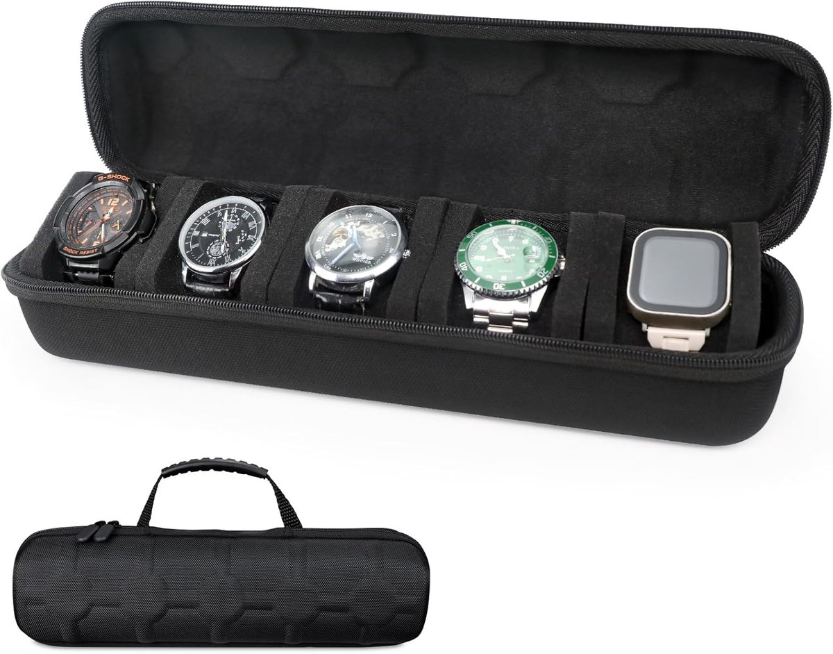 Draagbare Horlogedoos voor 5 Horloges | Reisetui met Handvat | Schokbestendige Horloge-Organizer voor Heren Dames