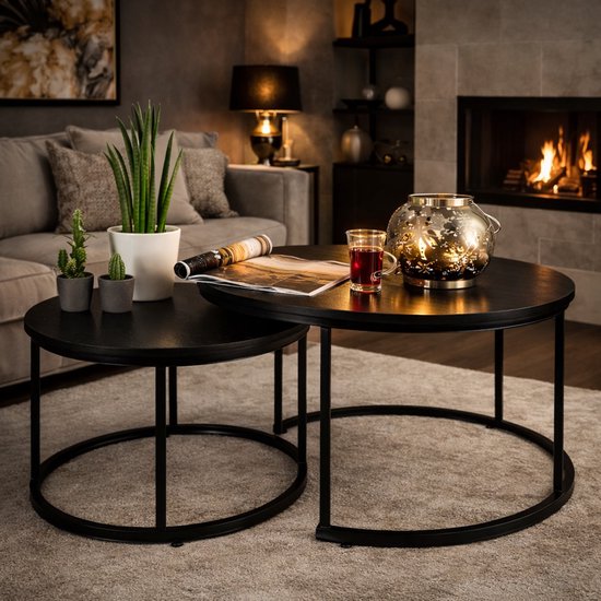 Ensemble de tables basses CASAMODA – ø 58/ 75 cm – Hauteur 36/45 cm – Table d’appoint ronde – Table basse industrielle – Table en bois – Set de 2 – Zwart