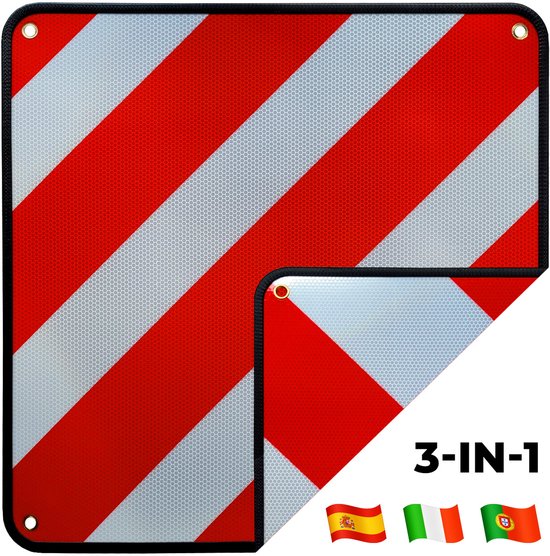 Reflecterend waarschuwingsbord met rode en witte diagonale strepen, met Italiaanse, Spaanse en Portugese vlaggen. 3-IN-1.