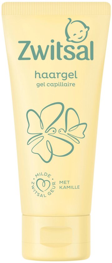 Zwitsal haargel tube met opdruk van een bloem en vlinder. Tekst: "haargel", "gel capillaire", "milde Zwitsal geur", "met kamille".