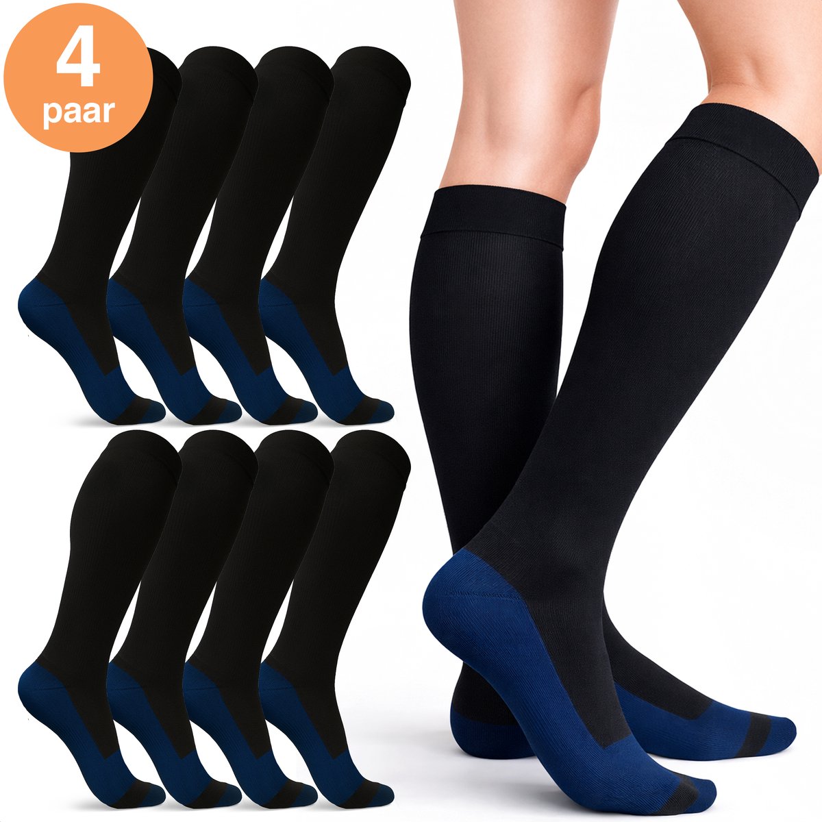 Alyze Compressie kousen - 4 paar - Maat 43-46 - Hoog - Sokken voor mannen & vrouwen - Steunkousen - Doorbloeding, Hardlopen, Vliegtuig, Bed - Zwart + Blauw