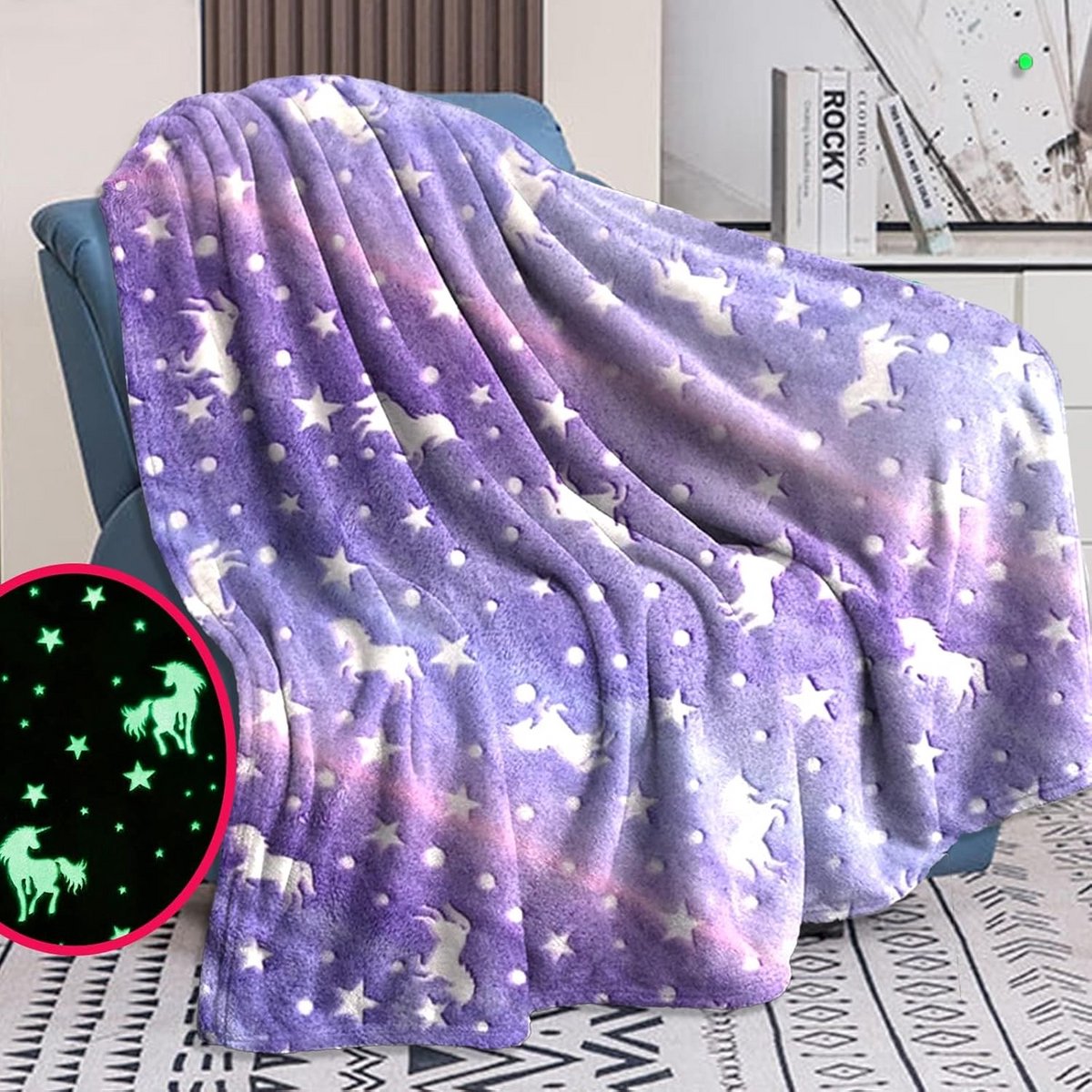 Magische Eenhoorn Deken voor Kinderen - Glow in the Dark Kinderspeelgoed, Pluizige Dekens voor Jongens en Meisjes, Zachte en Veilige Woondeken - 150 x 200 cm