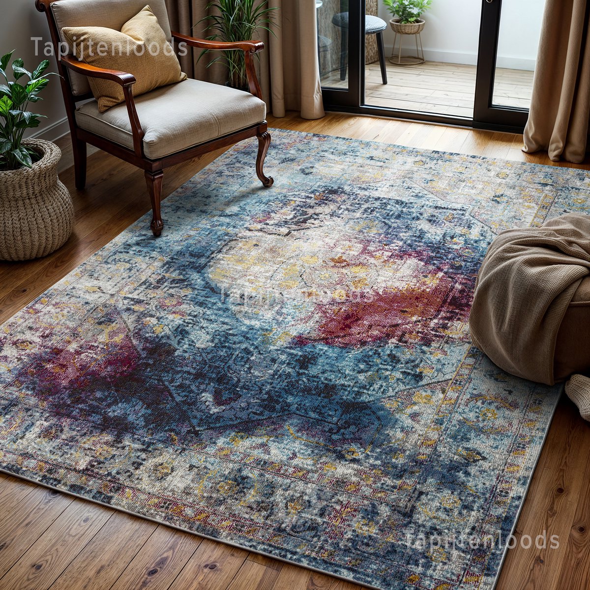 Muratap Picasso Heriz Vierkant Vintage Vloerkleed Multi / Blauw- 200x200 CM Vierkant Multikleur