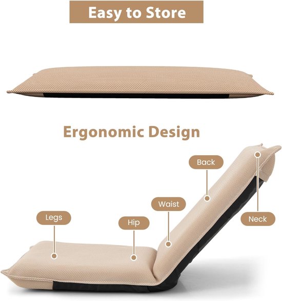Verstelbare Vloerstoel met Rugleuning - Comfortabele Meditatie & Yoga Stoel - Opvouwbare Stoel voor Binnen en Buiten (Beige) — afbeelding 2