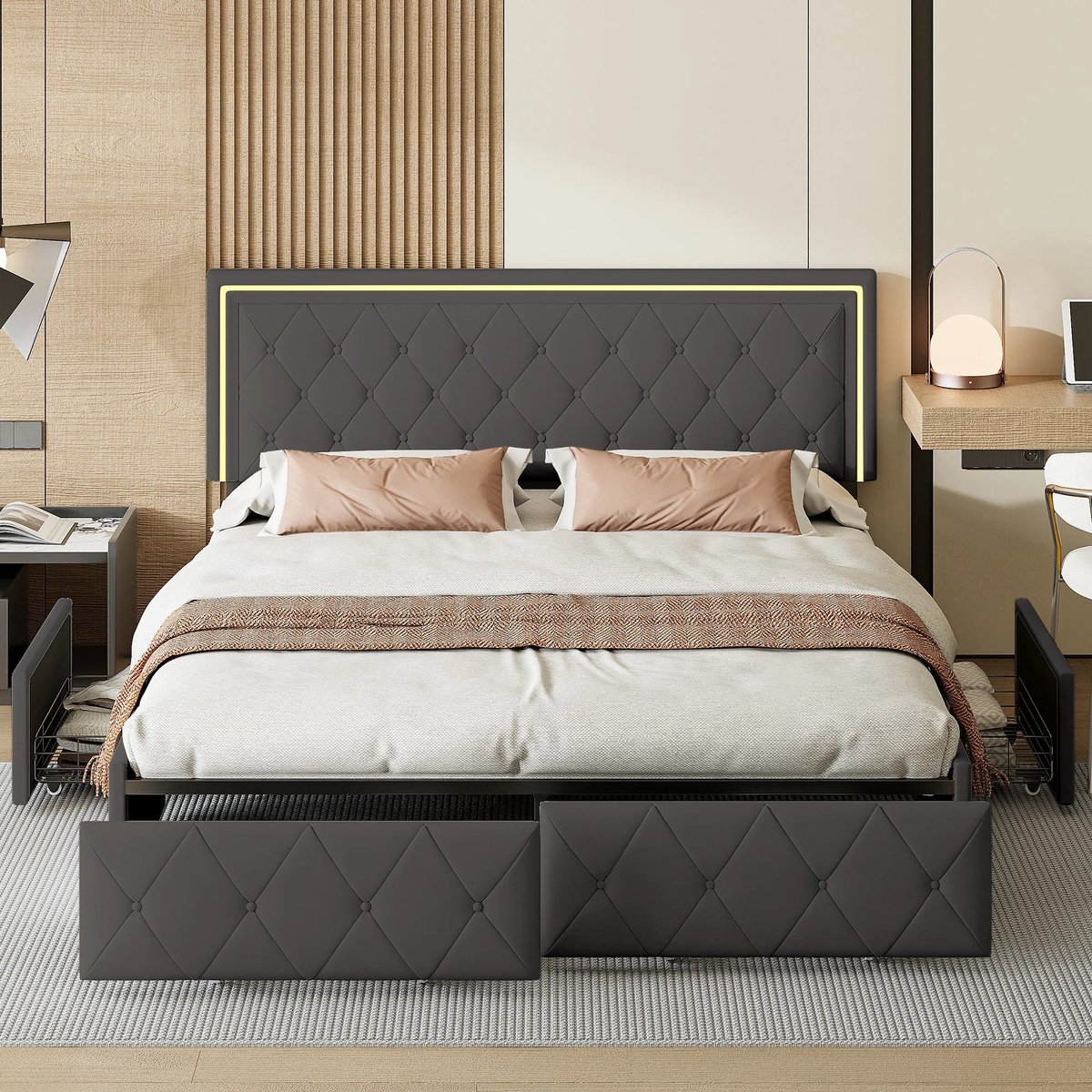 Modern Kunstleren Bed – Bedframe – Tweepersoonsbed – Opbergbed – Led Bed – Grijs 160x200 cm – 4 Opberglades Met Wieltjes – Ingebouwde LED-Verlichting