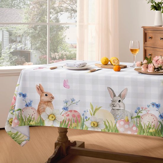 Tafelkleed - Paas tafelkleed - Pasen decoratie - Paasdecoratie - Paastafelkleed - 240x140 cm - Rechthoekig - Vlekbestendig - Geruit Tafelkleed met Konijnen - Eieren Elegante Stoffen Tafeldecoratie Voor de Lente - Pasen - Stijl 3