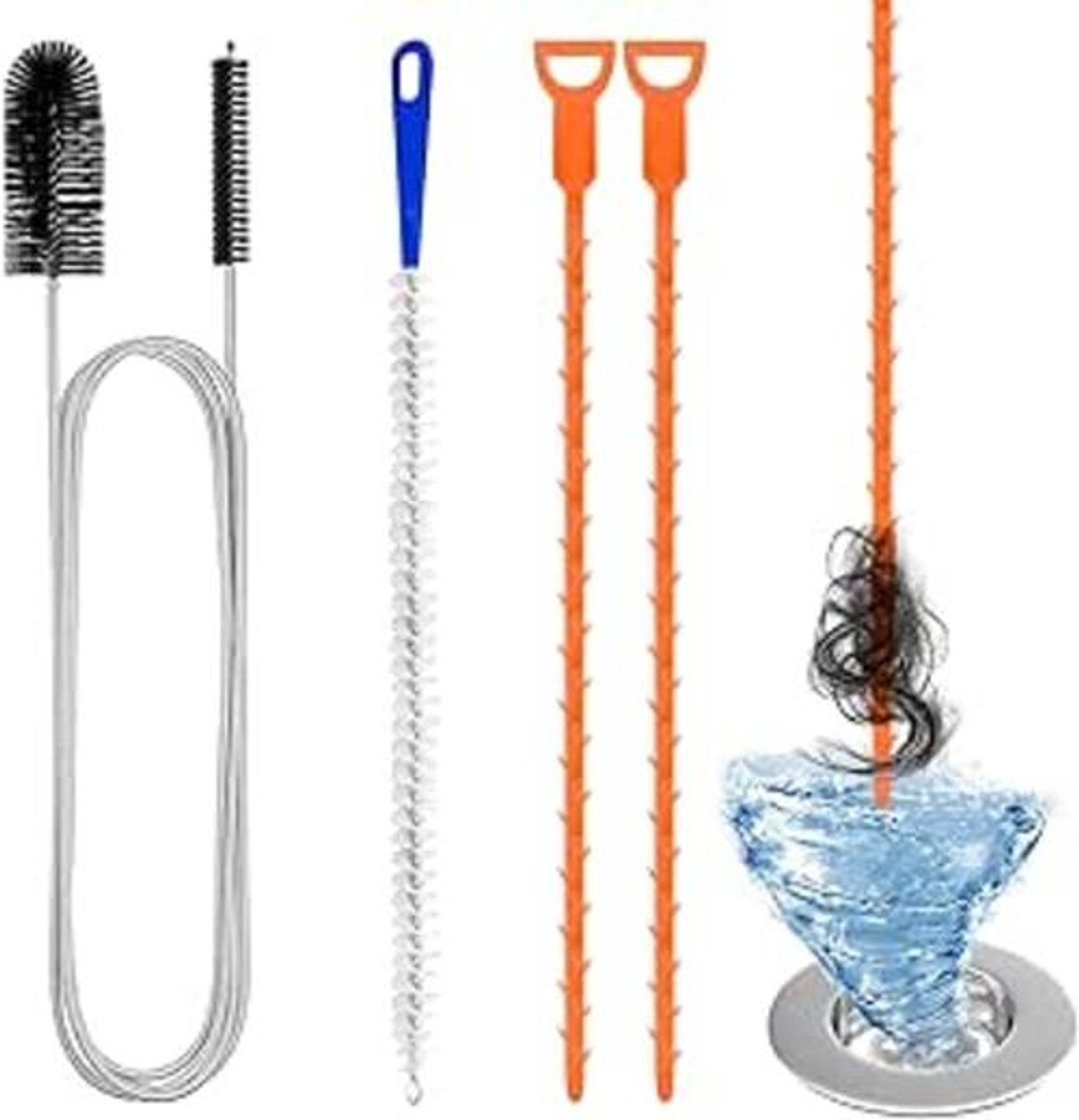 Afvoerreiniger Spiraal Set – 4 Stuks – Flexibele RVS Afvoerborstel – Dubbele Kop – Ontstopper voor Keuken, Douche & Afvoer