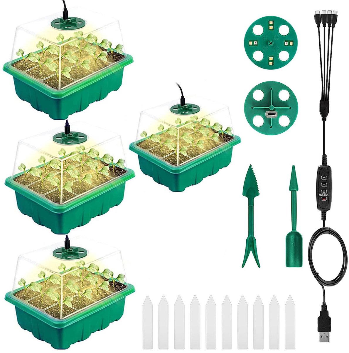 MUPOO Kweekbak met Groeilamp & Timer voor Binnen - Timer & Dimbaar -Hoog Deksel -Kweekset met Deksel (0.8mm) -Voor Moestuin, Kruiden & Binnenkweken -4 pack