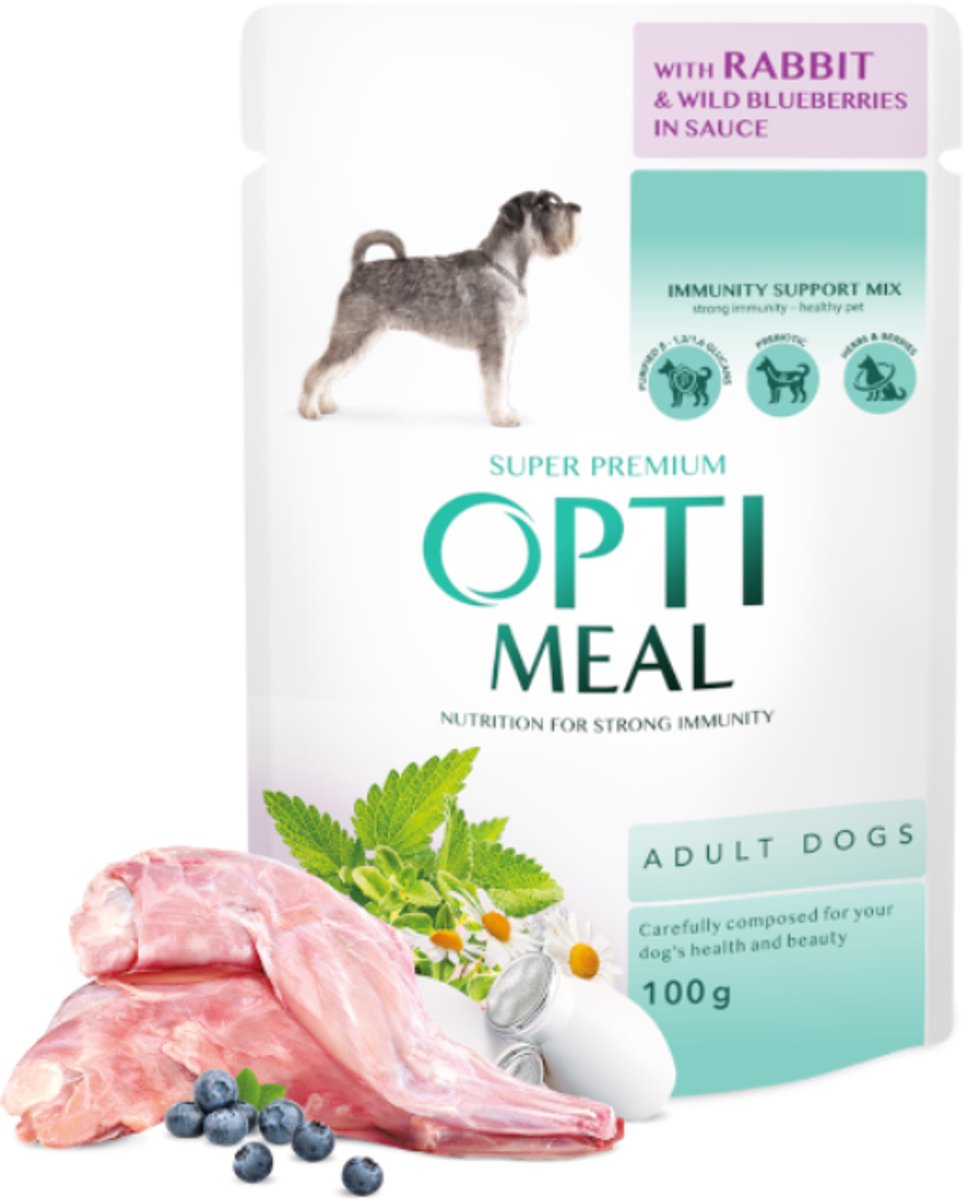 Kormotech Optimeal Natvoer voor Volwassen Honden met Konijn & Wilde Blauwe Bessen in Saus – Super Premium Compleet Hondenvoer –12x 100g