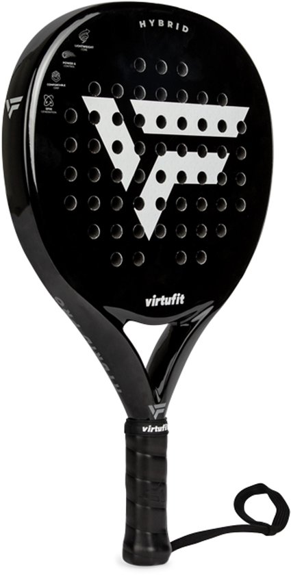 VirtuFit Hybrid Padel Racket - Zwart - Zilver - Inclusief Polskoord - Padelracket - Paddle - Geschikt voor Spelers met Ervaring - Druppelvormig Blad met Kern van EVA Foam - Lichtgewicht - Ergonomisch Handvat - Carbon Blad