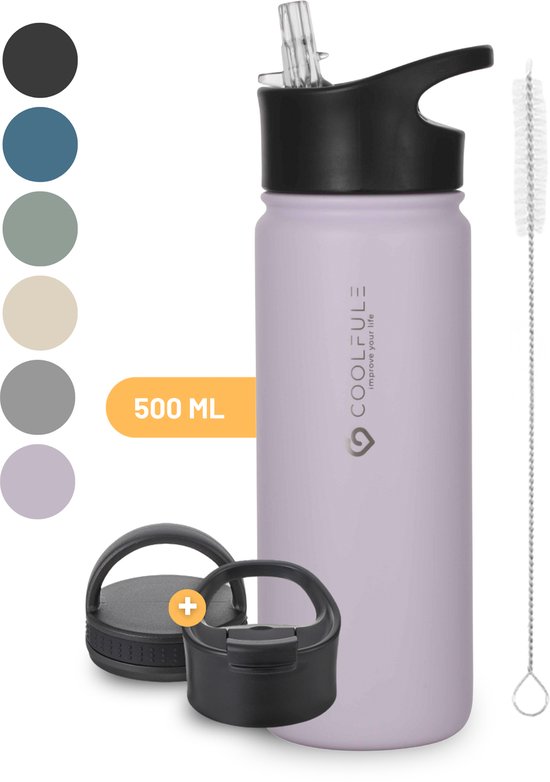 CoolFule Drinkfles - Parelmoer Lila - Waterfles met Rietje - RVS Drinkfles - 500 ml - BPA-vrij - Dubbelwandig