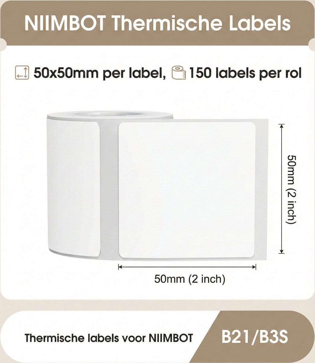 Niimbot Labels - Etiketten - Voor B21(S/Pro)/B1/B3S(Pro)/K3/B31 - 50 x 50 mm - 150 vellen - Wit thumbnail 2