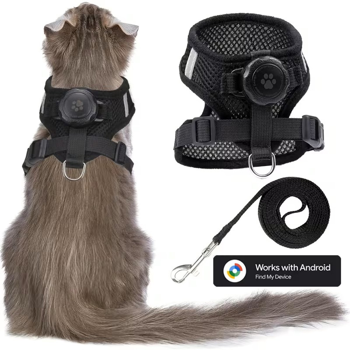BlueTime - Kattenhalsband inclusief Tag - Tuigje Kat - Halsband Kat - Halsband Kitten - Kattenhalsband - Geschikt voor Android Find My Device - Katten Halsband - Kattenriem - GPS Tracker Kat - Kattenharnas - GPS Kat - Maat S - Zwart