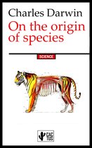 De voorkant van het boek "On the origin of species" van Charles Darwin met een illustratie van de anatomie van een tijger.