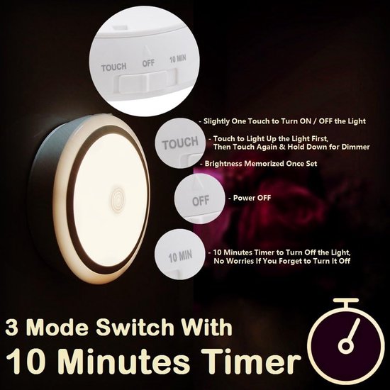 Nachtlampje - Touch Lamp Oplaadbaar - Dimbaar Nachtlampje - Met Timer 10 Min - LED Warm Wit 3000K - Draadloos Stick On Lamp - Kastverlichting - Baby en Kinderkamer - Geheugenfunctie van Merkloos — afbeelding 4