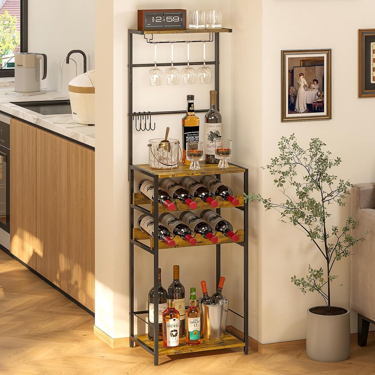 Vrijstaand Vloer Wijnrek - 5-laags Drankstandaard met Glazenhangers - Bartafel voor Woonkamer & Keuken