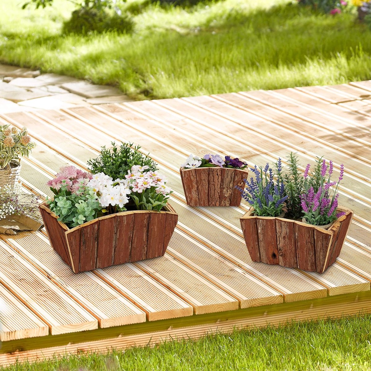 Candala - plantenbak, set van 3, natuurlijk hout met schors, tuin, terras & vensterbank, bloembak, decoratie, natuur