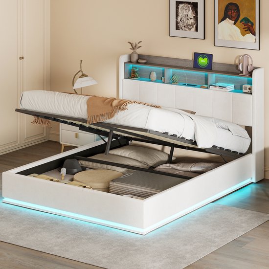 Lit capitonné en velours 140x200 avec éclairage LED et USB-C – Cadre de lit avec espace de rangement et prise – Lit blanc avec tête de lit