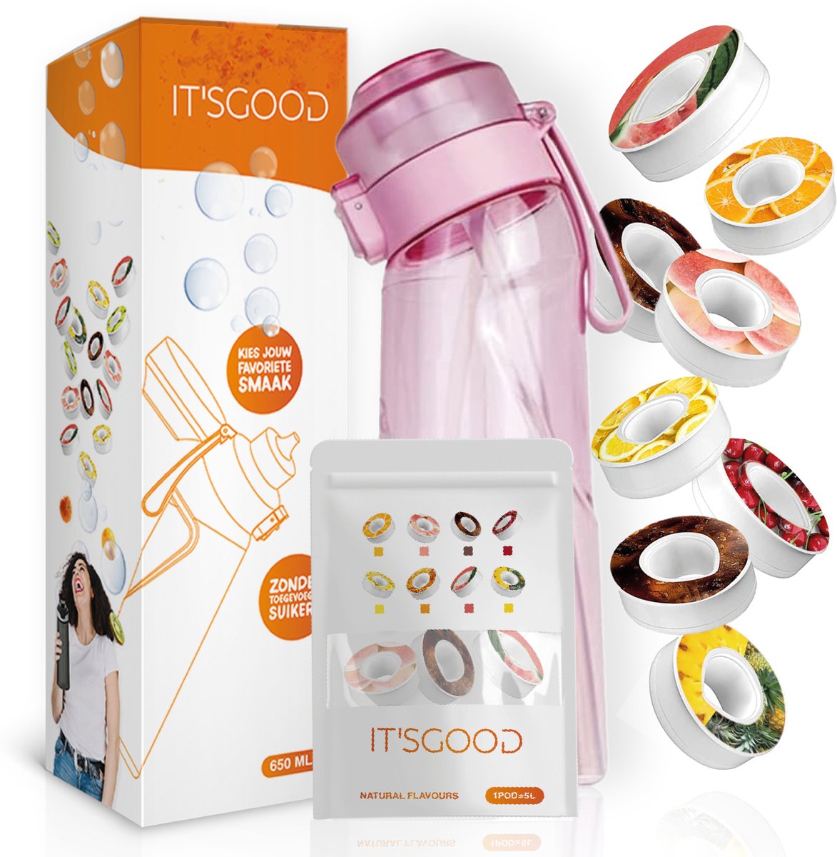 It'sgood - Air Water Up Fles met 8 Pods - ROZE - 650 ml - Drinkfles - Fles - Waterfles voor Sport - BPA-vrij - Starterset - Starterskit - Aromacapsules 0 suiker